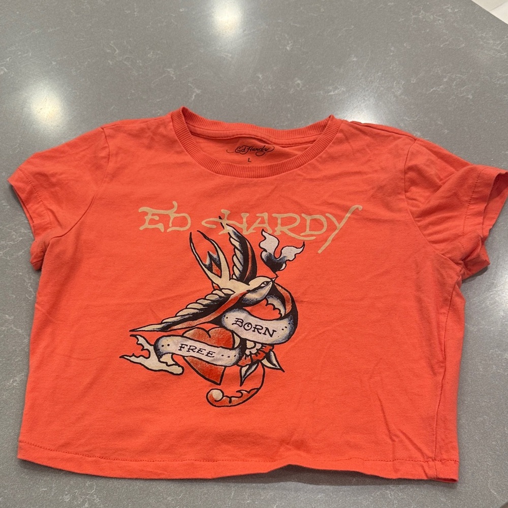 Ed Hardy Orange Crop Tee with Tattoo Bird Graphic